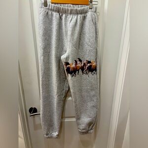 NWT Lazy Sunday Gray Joggers with running Horses Design - L